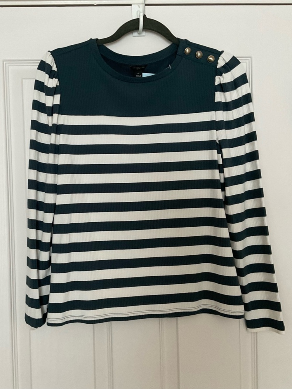 Ann Taylor Blue/Grey and White Striped Long-Sleeve Top with Shoulder Buttons